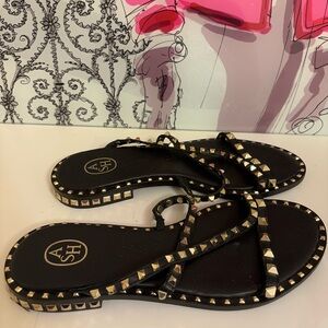 ASH Precious Black Leather Gold Studded Slide Sandals - Size 38 (USA 7 1/2 - 8)